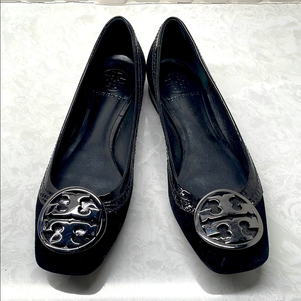 Tory Burch Black and Silver Gerrit Suede/Snakeskin Flats